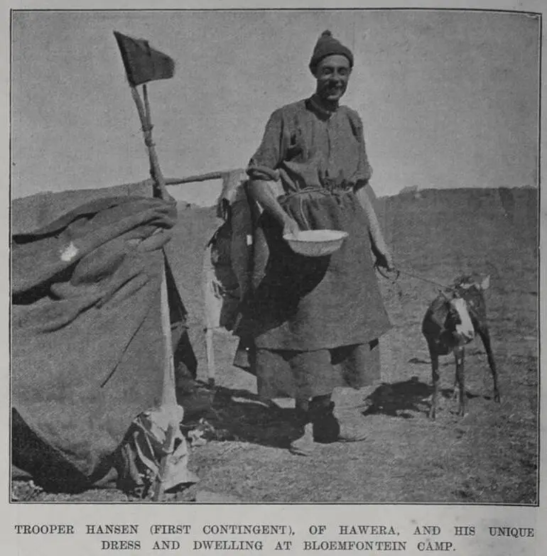 Image: Trooper Hansen (first contingent) of Hawera and his unique dress and dwelling at Bloemfontein camp
