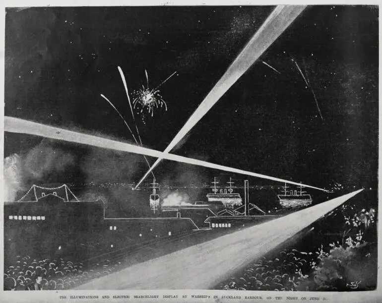 Image: The illuminations and electric searchlight display by warships in Auckland Harbour, on the night of June 11