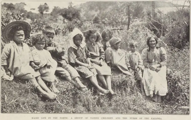 Image: Māori life in the north: a group of native children and the nurse of the kaianga