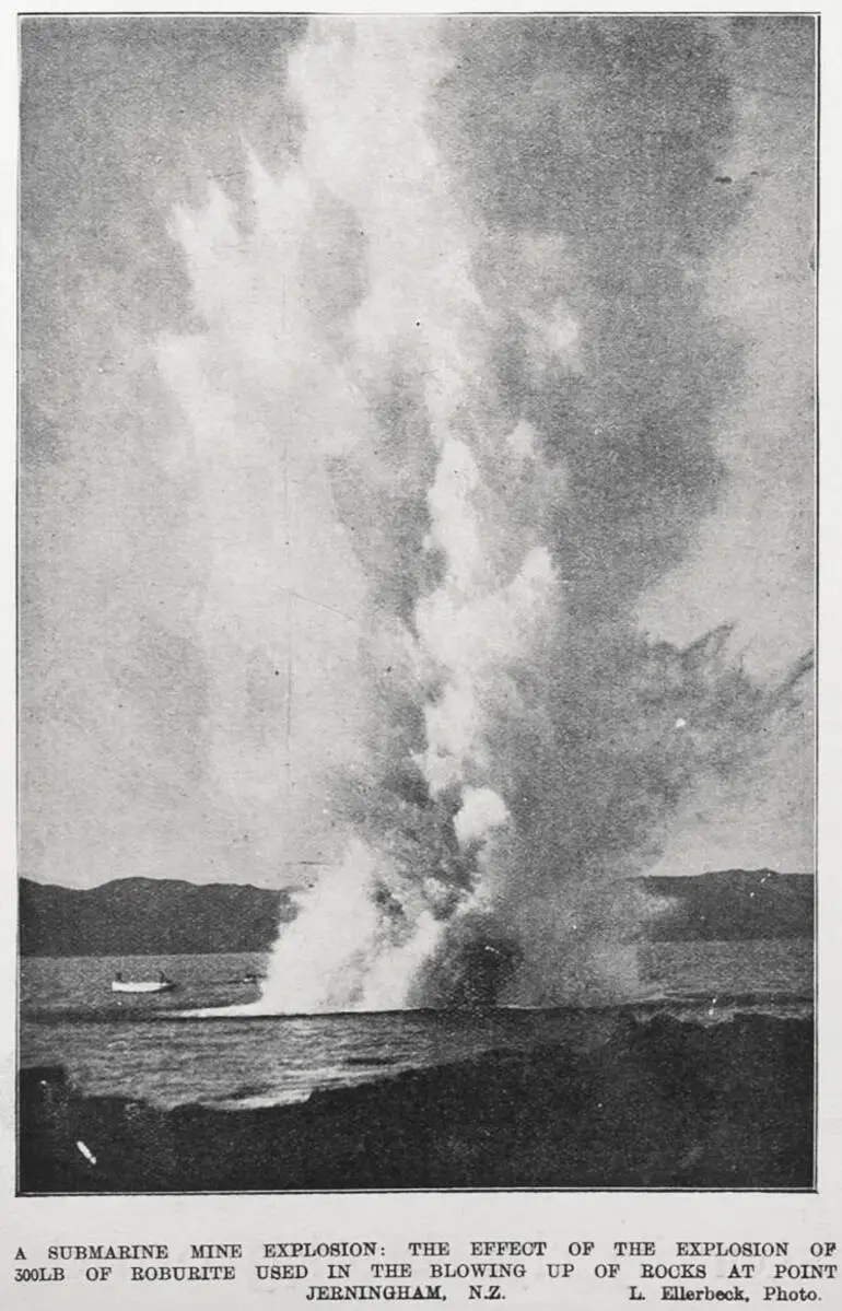 Image: A SUBMARINE MINE EXPLOSION: THE EFFECT OF THE EXPLOSION OF 300LB OF ROBURITE USED IN THE BLOWING UP OF ROCKS AT POINT JERNINGHAM, N.Z.