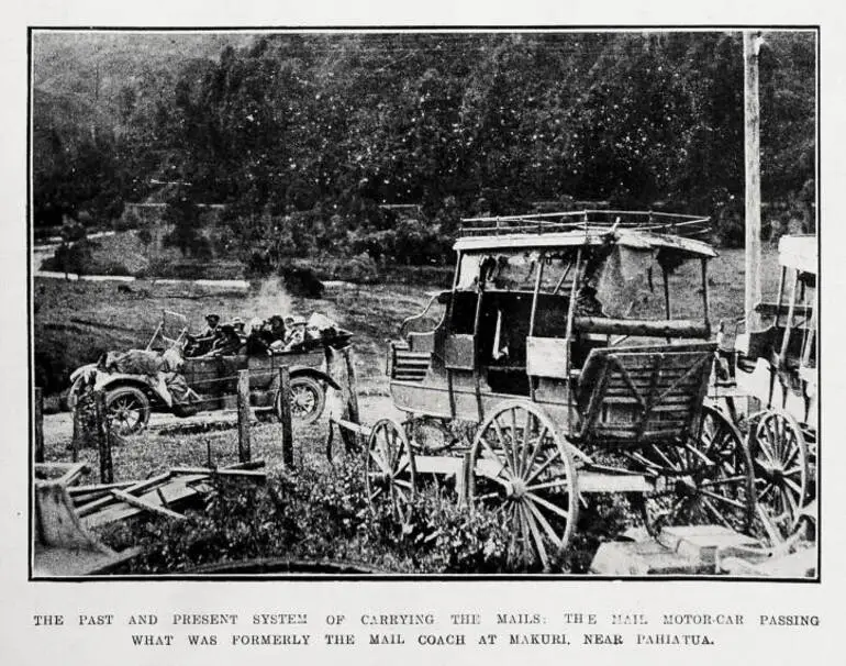 Image: The past and present system of carrying the mails: the mail motor-car passing what was formerly the mail coach at Makuri, near Pahiatua