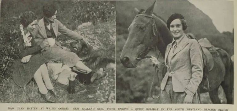 Image: Miss Jean Batten at Waiho Gorge: New Zealand Girl Flier Enjoys A Quiet Holiday in the South Westland Glacier Region