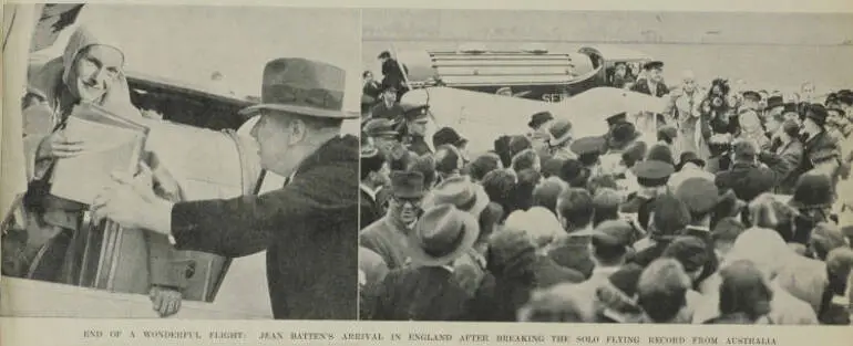 Image: End of a wonderful flight: Jean Batten's arrival in England after breaking the solo flying record from Australia