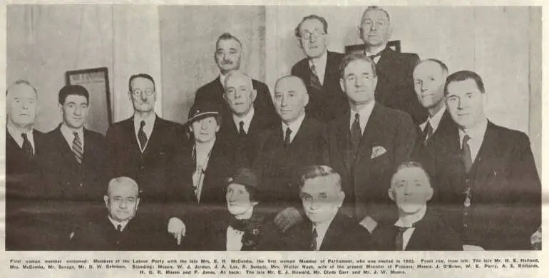 Image: First woman Member welcomed: members of the Labour Party with the late Mrs. E. R. McCombs, the first woman member of Parliament, who was elected in 1933
