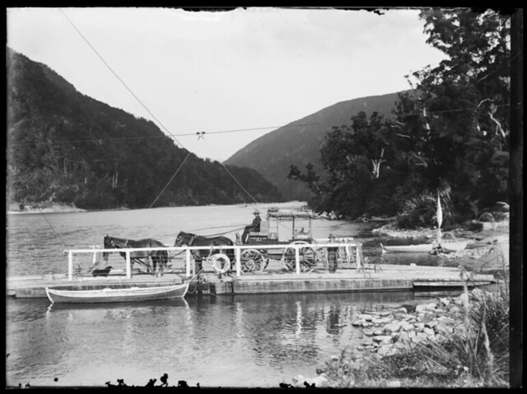 Image: Cobb and Co coach on board a punt on the Buller River