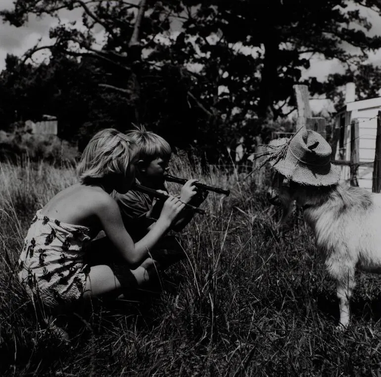 Image: Billy goat and the Lee-Johnson children, Waimamaku