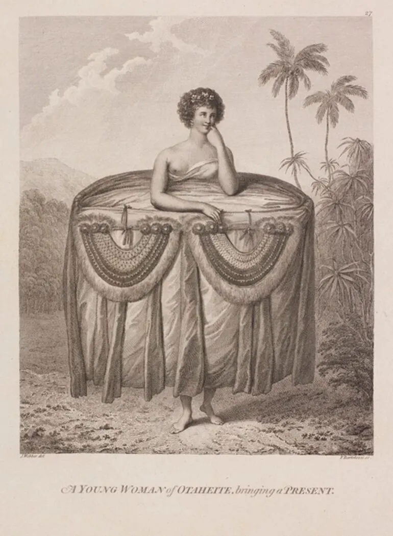 Image: A young woman of Otaheite, bring a present. Plate 27. From the book: Folio of Plates to Captain Cook's Voyages