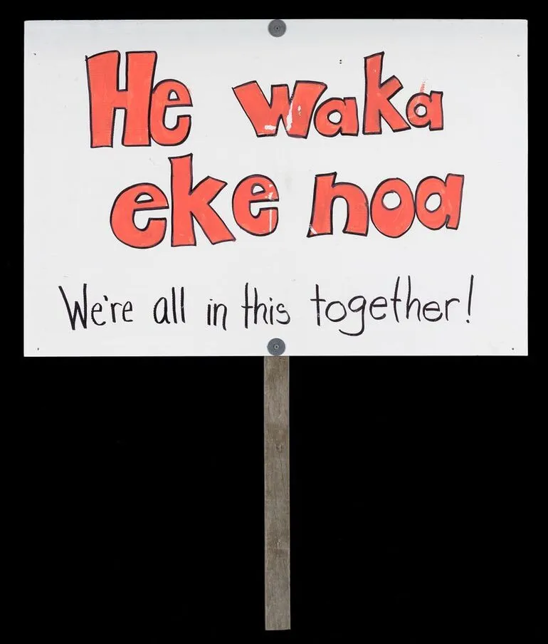 Image: He waka eke noa placard