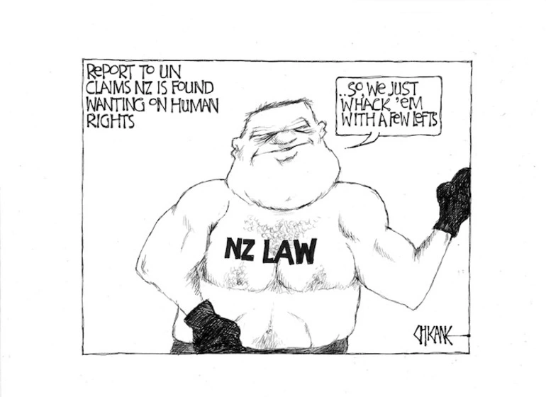Image: Report to UN claims NZ is found wanting on human rights. "... So, we just whack 'em with a few lefts." 14 April 2009