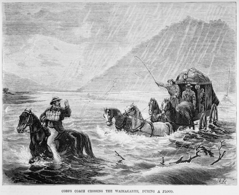 Image: Cobb and Co's coach crossing the Waimakariri River during a flood