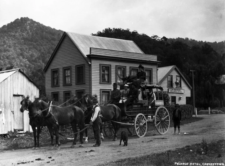 Image: Newman's Cobb & Co horse drawn coach, pulled up outside Pelorus Hotel, Canvastown
