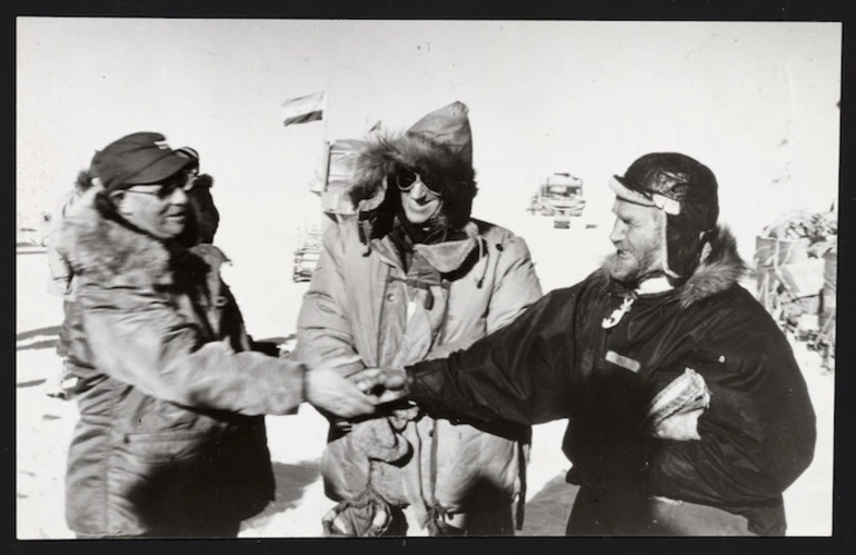 Image: Admiral Dufek, Sir Edmund Hillary and Sir Vivian Fuchs greet each other at the South Pole