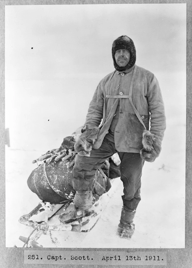 Image: Captain Scott standing by a sled, during the British Antarctic Expedition of 1911-1913