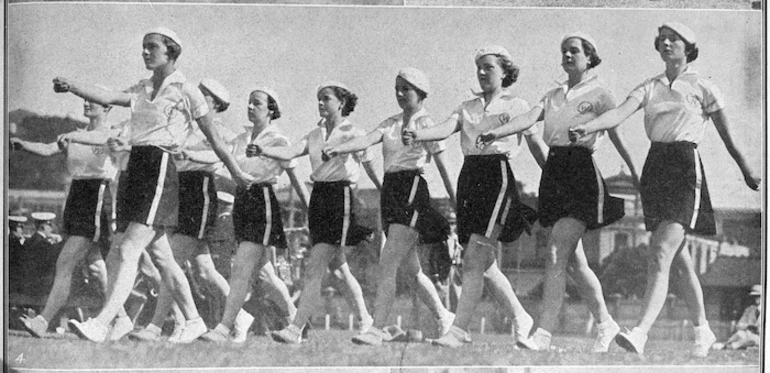 Image: Woolworths (N.Z.) Ltd girls marching team, Basin Reserve, Wellington