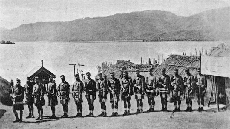 Image: Captain Gilbert Mair and his Arawa Flying Column at Kaiteriria Pā and camp, Rotokakahi - Photograph by Daniel Louis Mundy