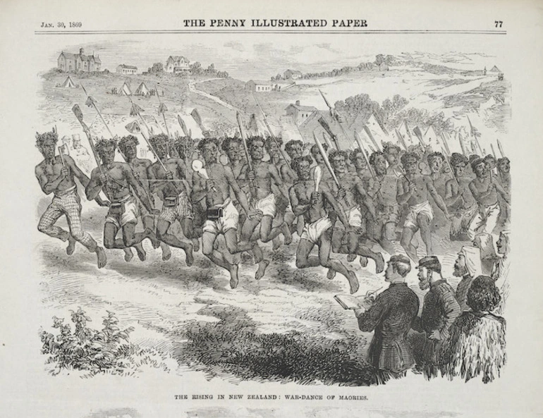 Image: [Robley, Horatio Gordon], 1840-1930 :The rising in New Zealand; war-dance of Maories. The penny illustrated paper. Jan. 30, 1869, [page] 77.