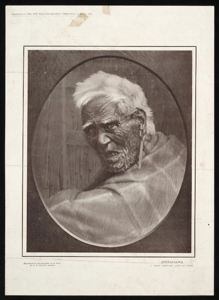 Image: Goldie, Charles Frederick, 1870-1947 :Aperahama, a Maori chieftain, aged 104 years. Reproduced by kind permission of the artist Mr C F Goldie, Auckland. Supplement to "The New Zealand graphic", Christmas number, 1909.