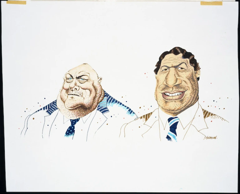Image: Hodgson, Trace, 1958- :[Rob Muldoon and Winston Peters caricatures] New Zealand Listener, 28 April 1991.