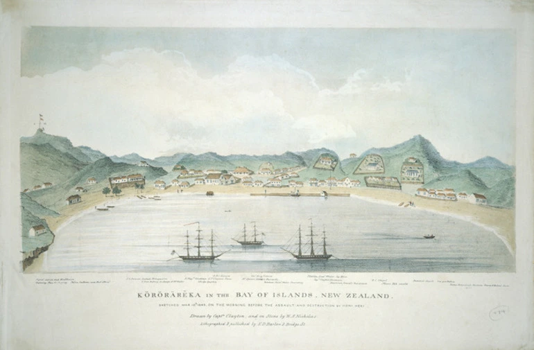 Image: Clayton, George Thomas fl 1845 :Kororareka in the Bay of Islands, New Zealand. Sketched Mar 10th 1845 on the morning before the assault and destruction by Honi Heke. Drawn by Captain Clayton, and on stone by W. A. Nicholas. London, E. D. Barlow [1845?]