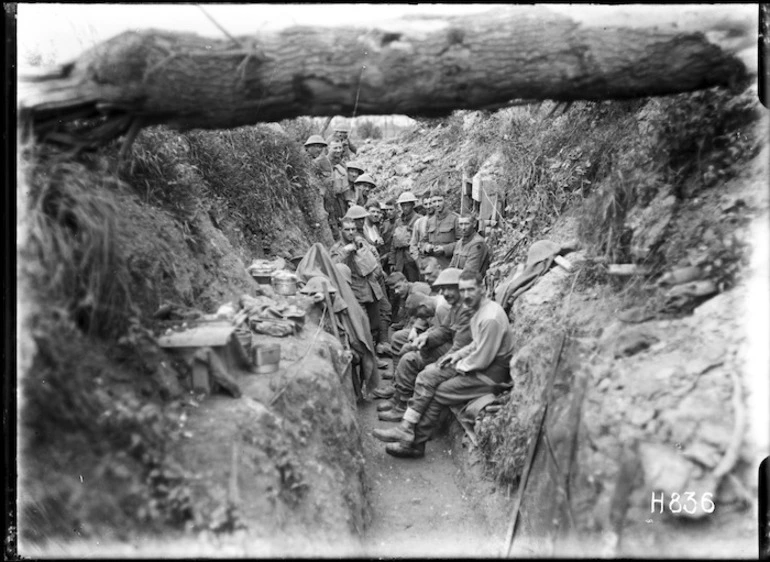 Image: World War 1 New Zealand troops in a captured German trench near Gommecourt, France