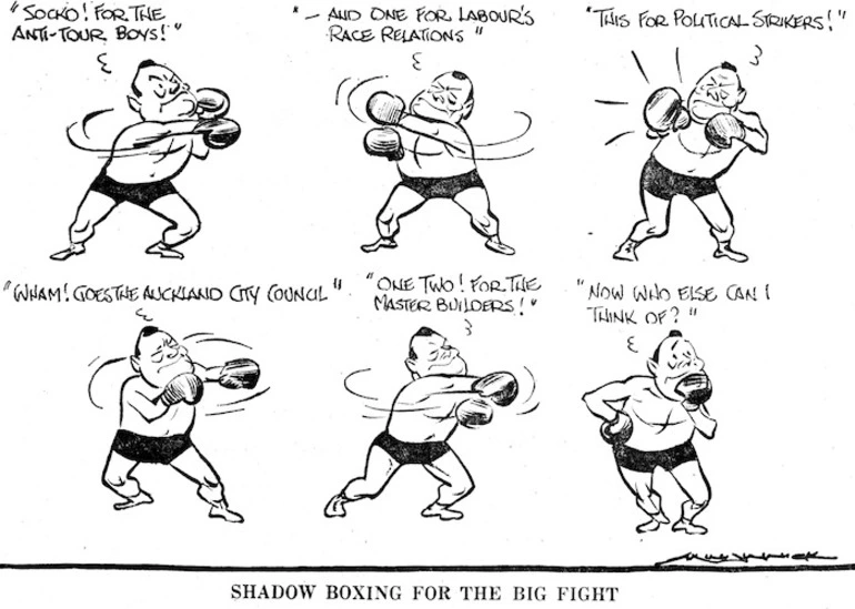 Image: Minhinnick, Gordon, 1902-1992 :Shadow Boxing for the Big Fight. 5 September, 1972.