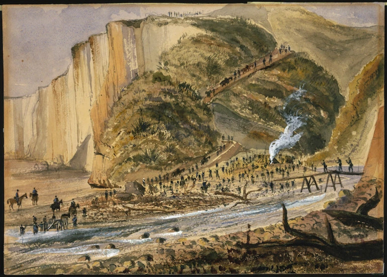 Image: Williams, Edward Arthur 1824-1898 :[Soldiers crossing the Tangahoe River 1865]