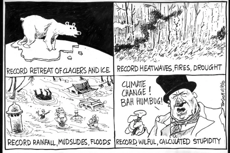 Image: Record retreat of glaciers and ice; record heatwaves, fires, drought; record rainfall, mudslides, floods. Record, wilful, calculated stupidity. "Climate change! Bah humbug!" 18 August 2010
