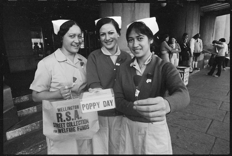 Image: Nurses selling poppies on Poppy Day, outside the Wellington Railway Station