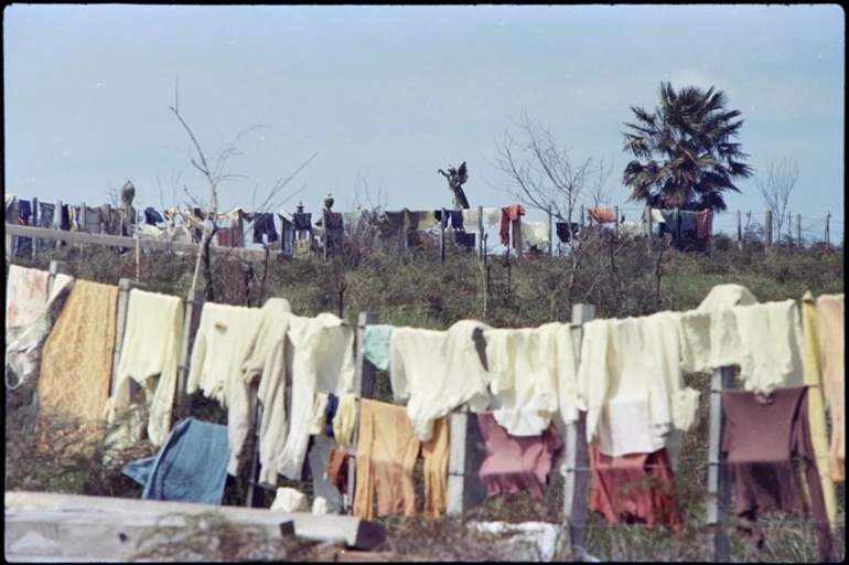 Image: Washing on the line during a rest day at Otoko Pa, Te Kuiti, during the Maori Land March
