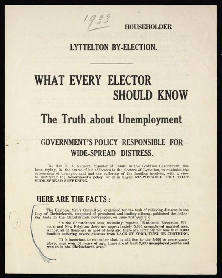 Image: [New Zealand Labour Party]: Lyttelton by-election. What every elector should know. The truth about unemployment; Government's policy responsible for wide-spread distress. Printed by Christie & Co., Printers and publishers, 170 Lichfield Street, Christchurch [1933]