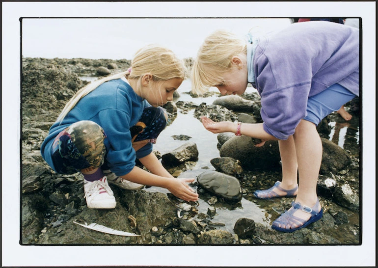 Image: Young girls looking for marine life in a rock pool at Pukerua Bay - Photograph taken by Ross Giblin