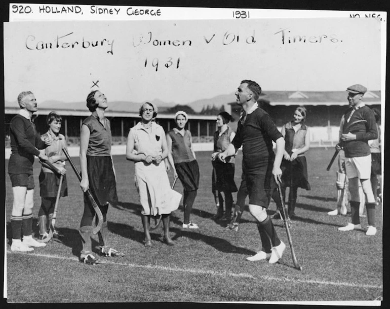 Image: Canterbury women's hockey team versus Old Timers; includes Sidney George Holland in foreground