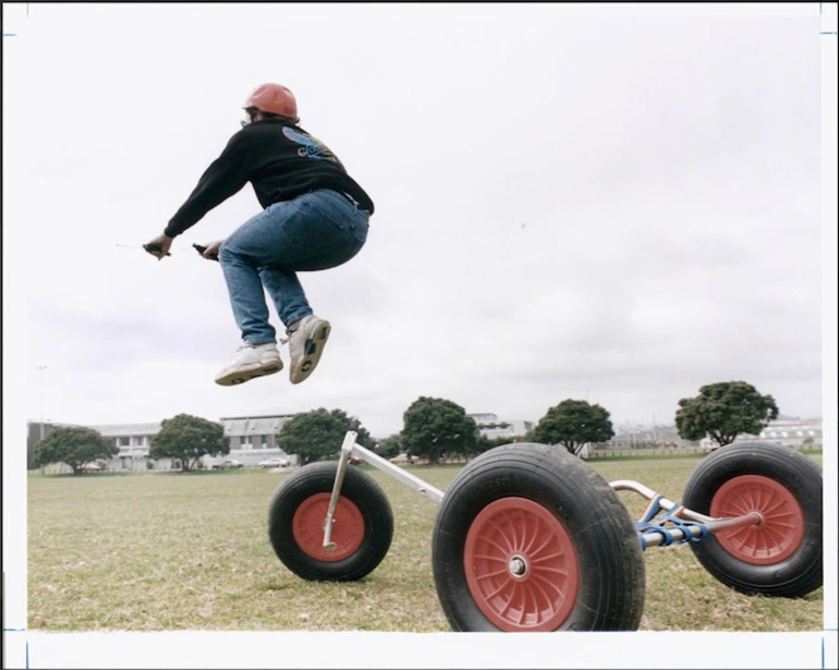 Image: Craig Bush being pulled by the kite off a kite buggy designed by Peter Lynn - Photograph taken by John Nicholson