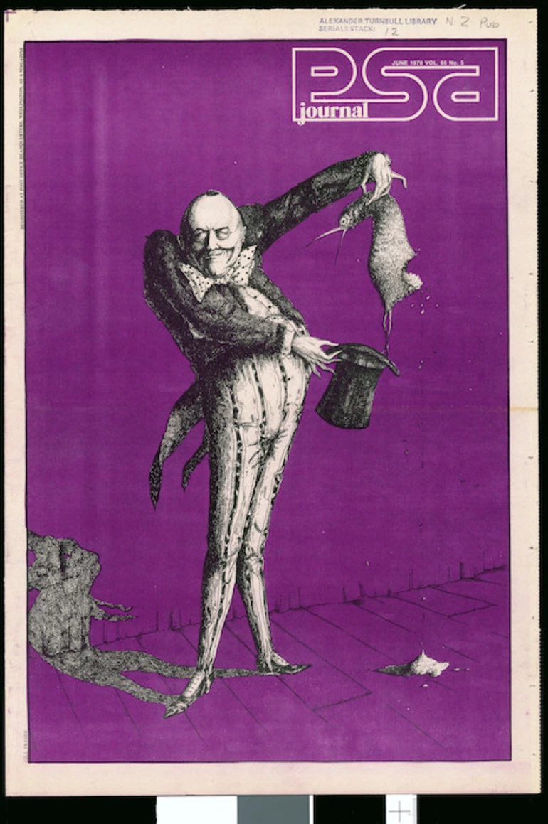 Image: Fraser, Gillian, fl 1970s :[Robert Muldoon pulling a dead kiwi out of a hat]. Public Service Journal, June 1978, Vol 65, No 5 (front page).
