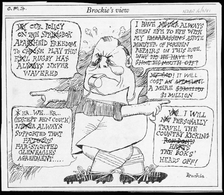 Image: Brockie, Robert Ellison, 1932- :[Muldoon's policy on apartheid]. National Business Review, 16 March 1981.