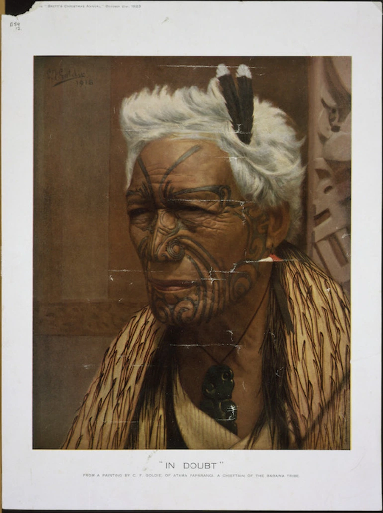 Image: Goldie, Charles Frederick, 1870-1947 :In doubt. [Portrait of] Atama Paparangi, a chieftain of the Rarawa tribe. Brett Printing Company ; from a painting by C F Goldie, 1918. 1923.