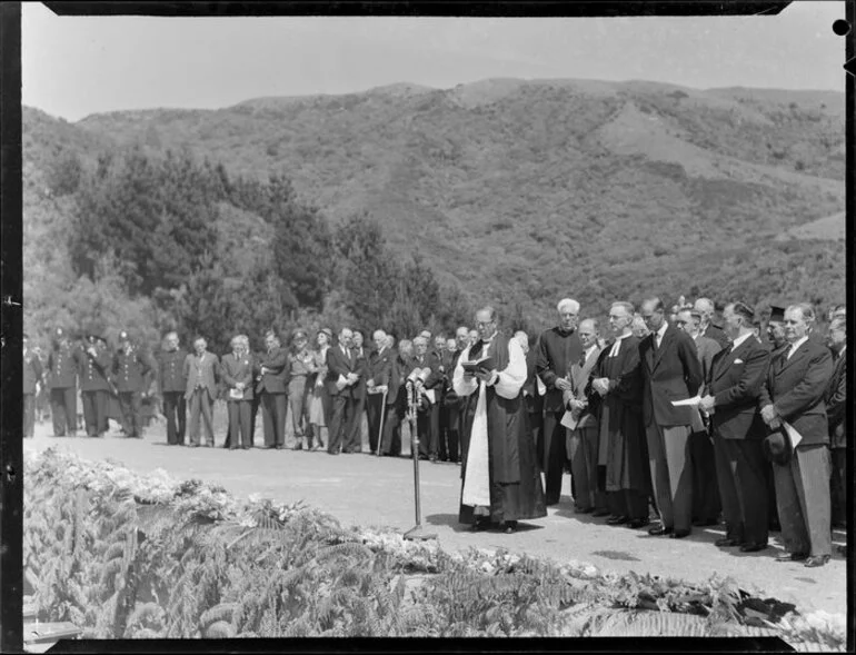 Image: The Duke of Edinburgh at the mass burial of Tangiwai railway disaster victims, Karori Cemetery, Wellington, Royal Tour 1953-1954