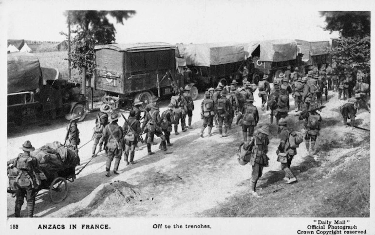 Image: Daily Mail (London) :Anzacs in France. Off to the trenches. "Daily Mail" official photograph. Official war pictures, no. 153. [Postcard. ca 1916].