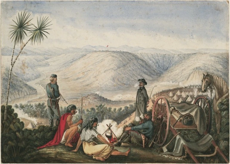 Image: [Tempsky, Gustavus Ferdinand von] 1828-1868 :[Encampment of Chute's forces near Te Putahi Pa, on the Whenuakura River, 7 January 1866 / G.F.von Tempsky] [1866]