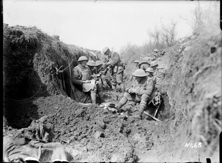 Image: Mealtime in the front line trench, within 250 yards of the enemy, La Synge Farm, France