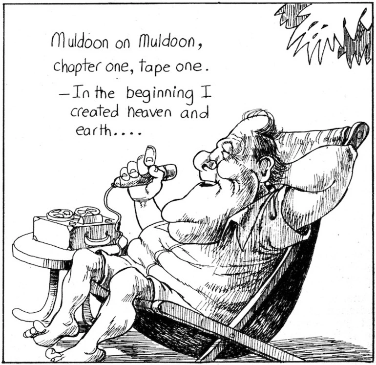 Image: Scott, Thomas 1947- :Muldoon on Muldoon, chapter one, tape one. - In the beginning I created heaven and earth.... NZ Listener, 26 November 1977.