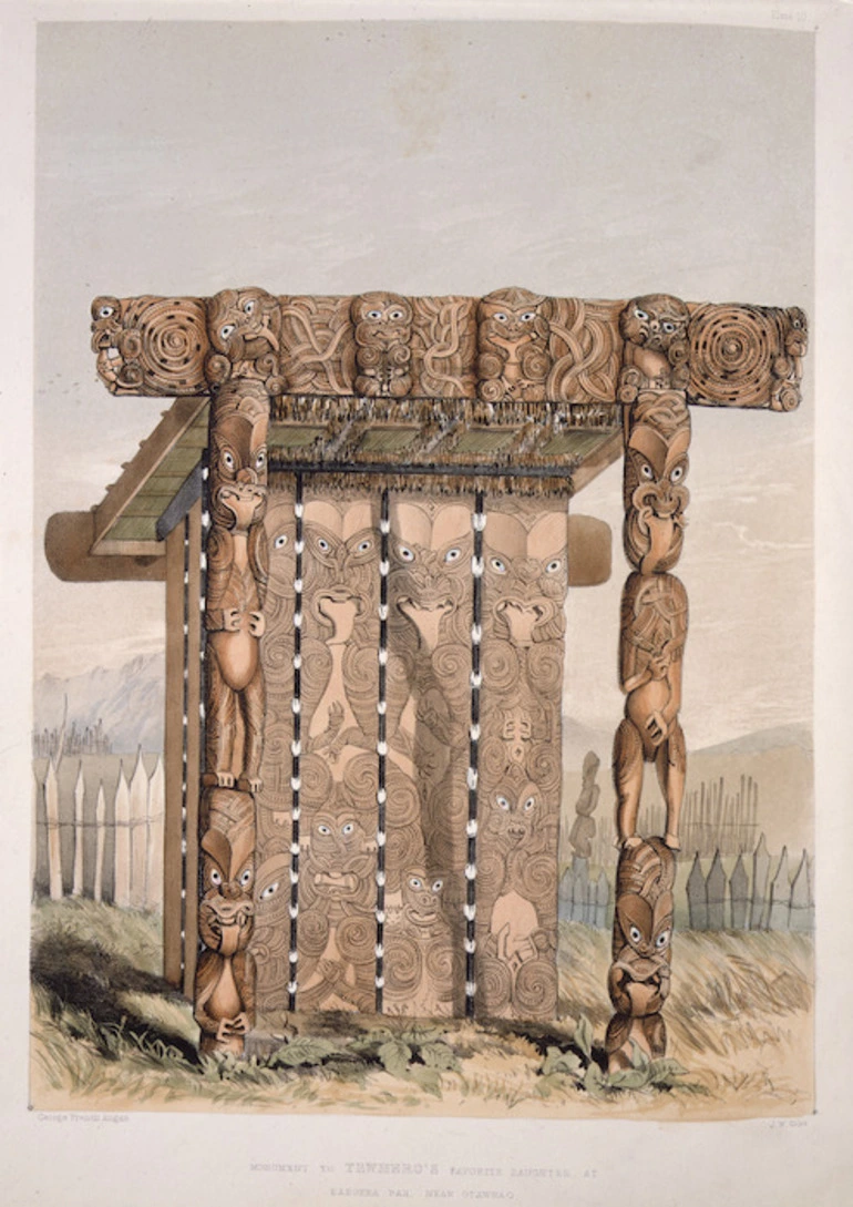 Image: Angas, George French, 1822-1886 :Monument to Te Whero Whero's daughter, at Raroera Pah / George French Angas [delt]; J. W. Giles [lith]. Plate 10. 1847.