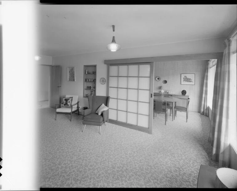 Image: Living room and dining room, probably Cook house, 16 Orr Crescent, Epuni, Lower Hutt