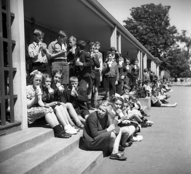 Image: School children drinking their school milk, Linwood, Christchurch