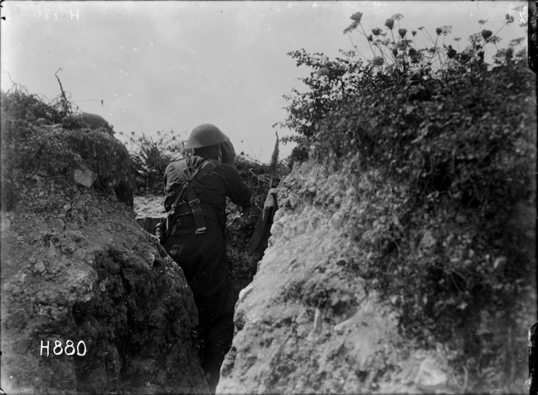 Image: Observing the enemy lines from a front line post, Gommecourt Wood, France