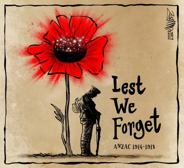 Image: ANZAC Day soldier and poppy - Lest We Forget 1914-1918