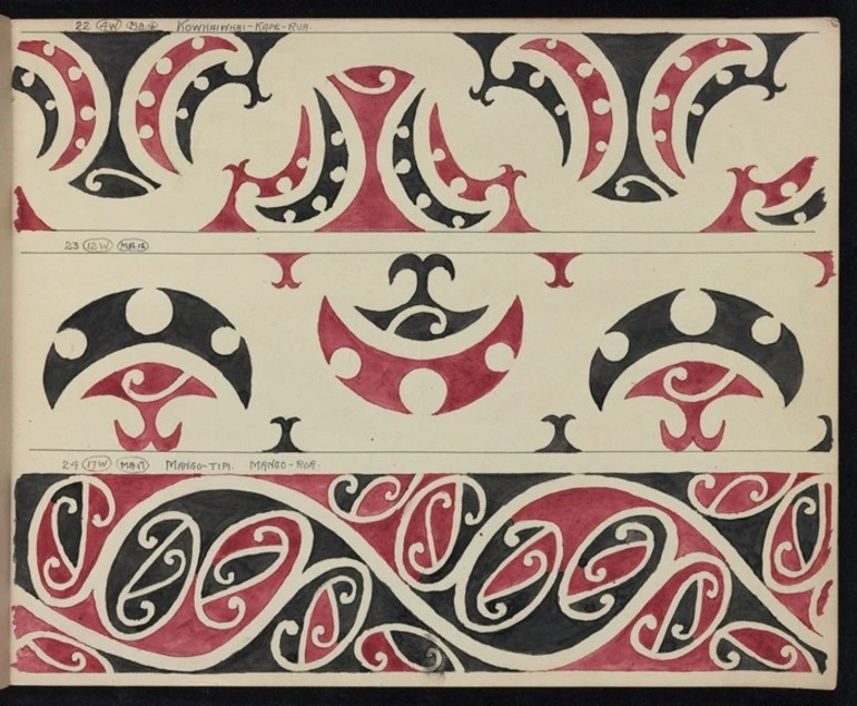 Image: Godber, Albert Percy, 1876-1949 :[Drawings of Maori rafter patterns]. 22. 4W. MA4. "Kowhaiwhai-Kape-Rua"; 23. 12W. MA12; and, 24. 17W. MA17. "Mango-Tipi. Mango-Roa". [1939-1947].