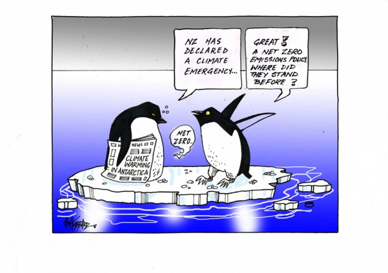 Image: Two penguins on a melting iceberg, holding a newspaper "Climate warming in Antarctica", discuss New Zealand's declaration of a climate emergency and new "net zero emissions policy"