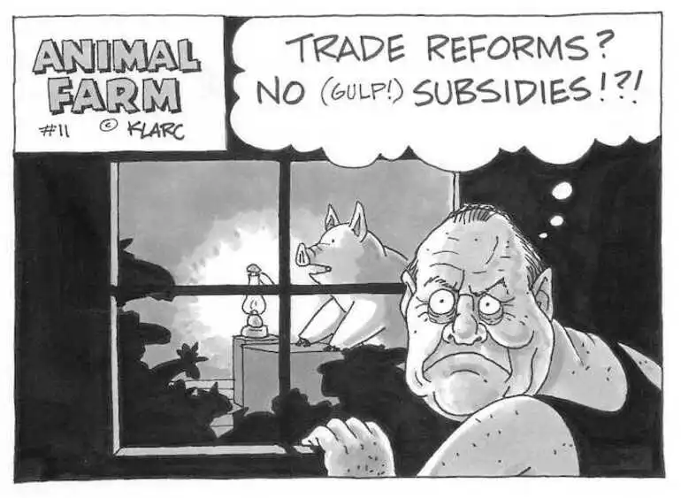 Image: "Trade reforms? No (gulp) subsidies!?!" Animal Farm #11. May, 2002.