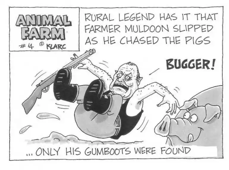 Image: Rural legend has it that farmer Muldoon slipped as he chased the pigs.. "Bugger!" ...only his gumboots were found. Animal Farm #14. July, 2002